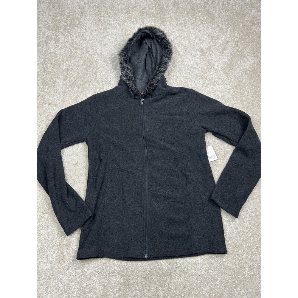 Mix & Co Women's Fleece Jacket S Gray Faux Fur Trim Hood Full Zip Winter
